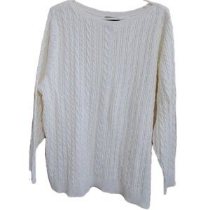 Lands' End Women's 2X White Boat Neck Cable Knit Cotton Drifter L/S Sweater
